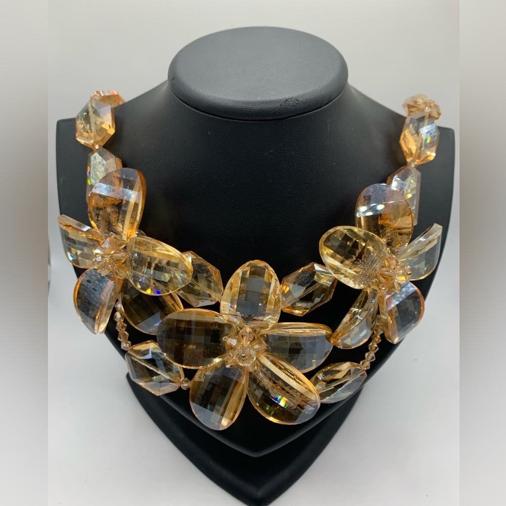 Dramatic citrine colour crystal flower bib necklace